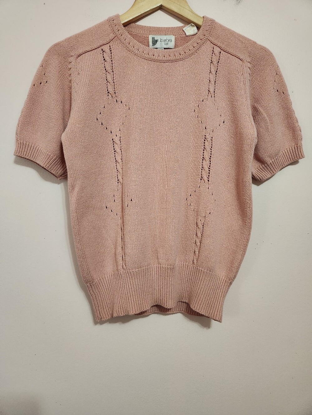 Vintage Barbra Sue Pink Pointelle Cable Knit Short Sleeve Sweater Coquette M